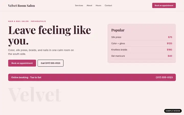 Velvet Room Salon website on a laptop