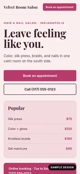Velvet Room Salon website on a phone